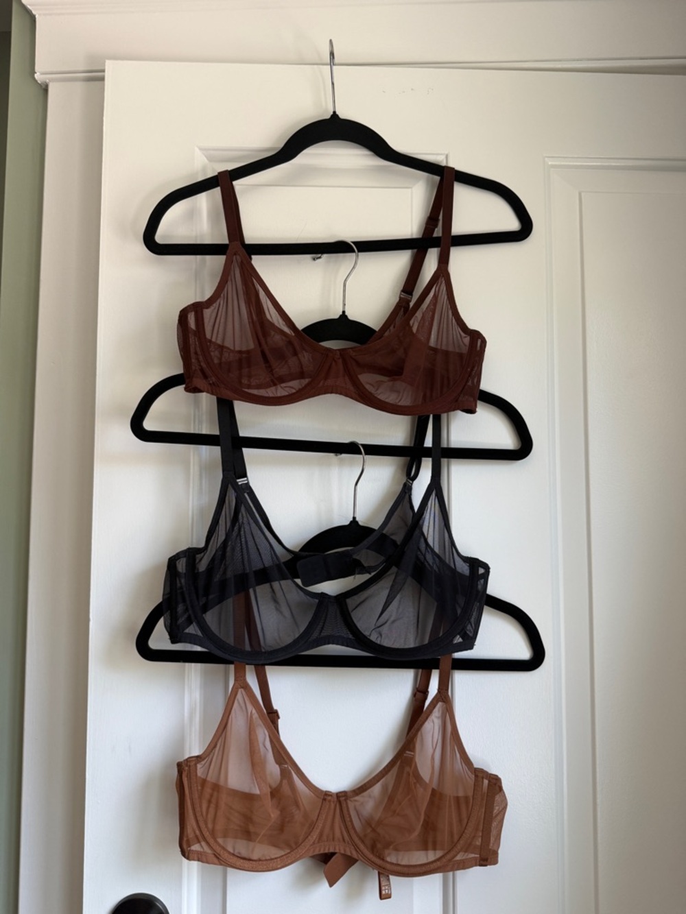 SKIMS Sheer Mesh Underwire Bras in Dark Brown, Black, Light Brown - Pack of 3